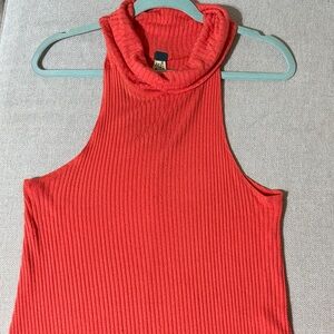 Orange Sleeveless Ribbed Turtleneck Top loose fit